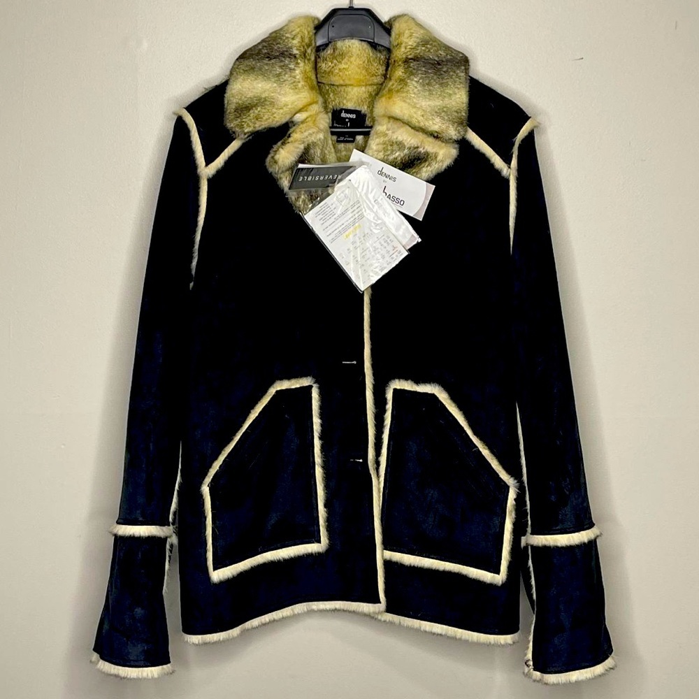 Dennis Basso Black Tan Long Sleeve Reversible Faux Fur Coat Sz XL Gorpcore Vegan